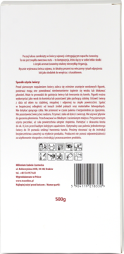 Tył białego opakowania świecy zapachowej 500g z polskimi instrukcjami użytkowania, piktogramami i kodem kreskowym.