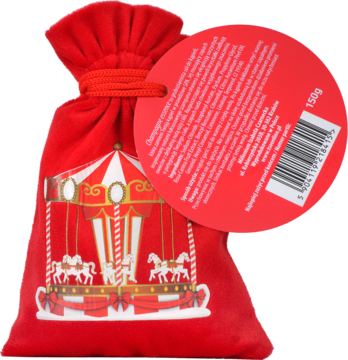 Czerwony aksamitny woreczek prezentowy z białym nadrukiem karuzeli, widok z przodu, z czerwoną metką z tyłu.