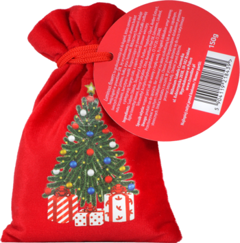 Czerwony welurowy woreczek świąteczny ze ściągaczem, z nadrukiem choinki, bombek i prezentów, widok z przodu.