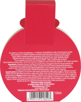 Tył czerwonego opakowania oleju do włosów i ciała Baselline 150ml z listą składników i opisem.