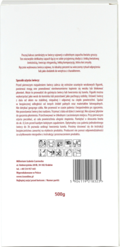 Tył białego opakowania świecy zapachowej 500g, z instrukcjami w języku polskim, symbolami ostrzegawczymi i kodem kreskowym.