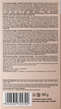 Tył opakowania czekolady do kąpieli Christmas Crumbly Cookie, 160g, z listą składników i tekstem w wielu językach.