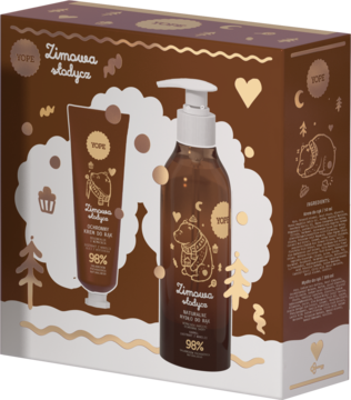 YOPE Zimowa Słodycz zestaw prezentowy: żel pod prysznic i balsam do ciała w brązowym pudełku, widok z przodu.