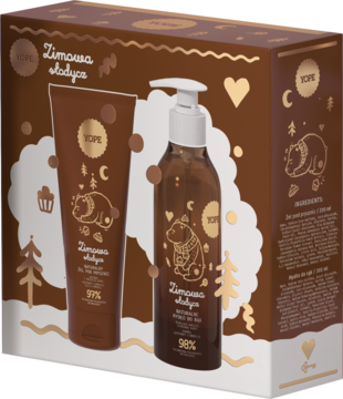 Zestaw YOPE Zimowa Słodycz: brązowa tuba i butelka z pompką w ozdobnym pudełku ze złotymi ilustracjami.