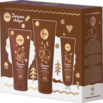 Zestaw kosmetyków YOPE Zimowa Słodycz: trzy brązowe tubki z zimowymi motywami, widoczne na pudełku.