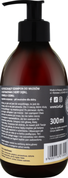 Tył brązowej butelki szamponu do włosów LaQ Kawał Byka 300ml z czarną pompką, widoczne polskie etykiety.