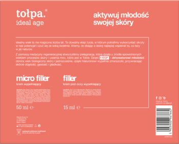 Ulotka tołpa. ideal age: łososiowe tło, biały tekst, opis kremów micro filler i filler z t-EGF i hialuronem.