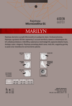 Opakowanie rajstop Marilyn Microcostina 60 DEN, prążkowana mikrofibra. Szare, z czerwoną opaską i opisami.