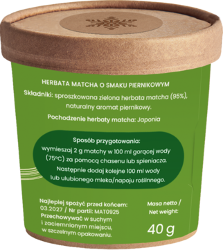 Tył zielonego opakowania herbaty matcha o smaku piernikowym, widoczne instrukcje przygotowania i waga 40g.
