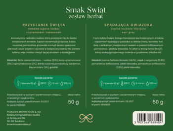 Tył ciemnozielonego opakowania Smak Świat zestaw herbat. Widoczne opisy dwóch świątecznych herbat, waga 50g i kod kreskowy.