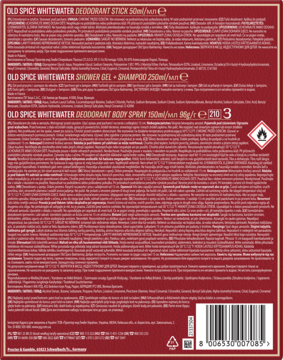 Tył opakowania zestawu Old Spice Whitewater Iron Man, czerwone tło z białym tekstem, widoczny kod kreskowy.