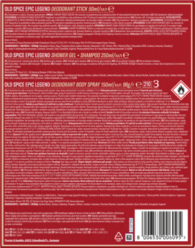 Tył czerwonego zestawu Old Spice Epic Legend: dezodorant w sztyfcie, żel pod prysznic i spray. Widoczne składniki, kod.