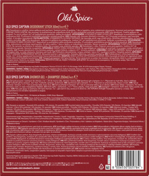 Czerwony tył zestawu Old Spice Captain z opisem dezodorantu 50ml i żelu/szamponu 250ml oraz barcode.