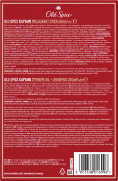 Tył opakowania zestawu Old Spice Captain z dezodorantem i żelem pod prysznic, z tekstem informacyjnym i kodem kreskowym.