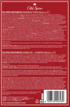 Czerwony tył opakowania Old Spice Whitewater duo, dezodorant i żel/szampon, z wielojęzycznymi opisami.