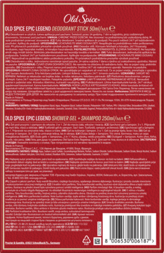Czerwony tył zestawu Old Spice Epic Legend: dezodorant w sztyfcie i żel pod prysznic, z kodem EAN.