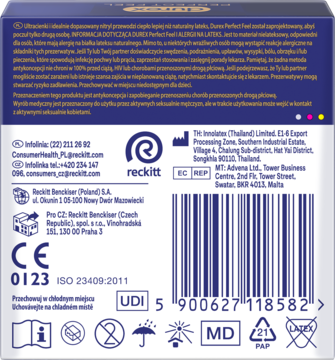 Tył ciemnoniebieskiego opakowania prezerwatyw Durex Perfect Feel nielateksowych, z tekstem prawnym i kodem.