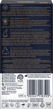 Tył opakowania prezerwatyw Durex Perfect Feel, ciemnogranatowe z informacjami o braku lateksu i kodem kreskowym.