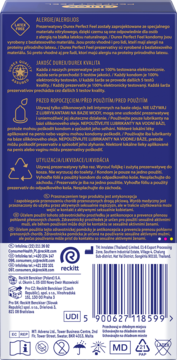 Tył opakowania nielateksowych prezerwatyw Durex Perfect Feel z białym tekstem i kodem kreskowym.