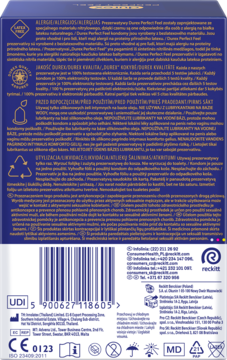 Tył opakowania prezerwatyw Durex Perfect Feel z białym tekstem, kodem kreskowym i symbolami regulacyjnymi.