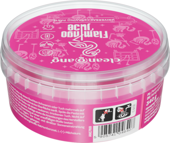 Uniwersalna pasta czyszcząca Flamingo Julce w różowym, okrągłym opakowaniu z białym tekstem i flamingami, widok z góry.