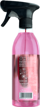 Różowy płyn do mycia okien i luster 500 ml, butelka z czarnym atomizerem, widok z tyłu, etykieta z danymi.