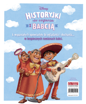 Książka Disney Historyjki do czytania z babcią. Mama Coco, Miguel z gitarą, dziecko na błękitnej okładce.