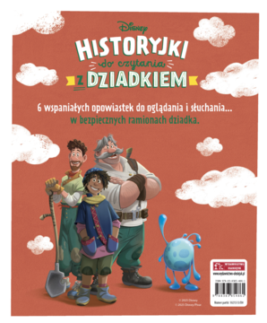 Okładka książki Disney „Historjki do czytania z Dziadkiem” z trzema postaciami i stworkiem na tle rudobrązowym.