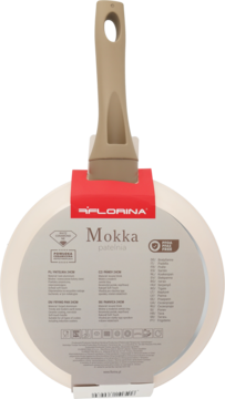 Patelnia Florina Mokka 24 cm beżowa, widok z tyłu z etykietą produktową i beżową rączką.