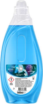 Tył butelki niebieskiego żelu Coccolino Wonder Wash Odor Protection 1480ml, do odzieży sportowej, etykieta.