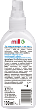 Tył białej butelki Mill Żelazko w Płynie Soft Wave 100ml, z opisem produktu, instrukcją i składnikami.