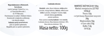 Biała etykieta czekoladowego misia 100g, z czarnym tekstem, lista składników i tabela wartości odżywczych.