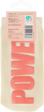 Eloy Skarpety. Kremowe skarpetki z brzoskwiniowym napisem 'POWER', tył opakowania ze składem i rozmiarem.