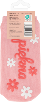 Eloy Skarpety antypoślizgowe różowe, z napisem 'pijeena' i kwiatami, widok tyłu, rozmiar 35-40.