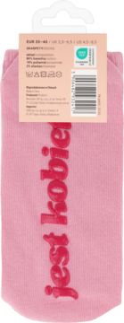 Tył różowych skarpet Eloy z napisem 'Jest kobietą' i metką. Widoczny skład (bawełna), rozmiar EUR 35-40.