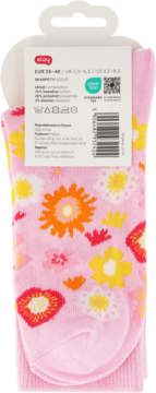 Tył różowych skarpet Eloy damskich w kwiaty (pomarańcz, żółć, czerwień) z metką z rozmiarem 35-40 i składem.