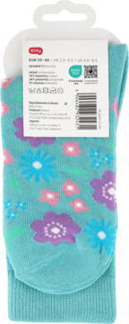 Eloy skarpety damskie r.35-40, turkusowe z różowymi i fioletowymi kwiatami, widoczne w opakowaniu z metką.