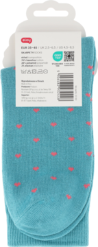 Eloy skarpety damskie turkusowe z różowymi sercami, rozmiar 35-40, widok z tyłu z metką i składem.