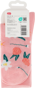 Tył opakowania różowych skarpet damskich Eloy z kwiatowym wzorem. Widoczne rozmiary i skład materiału.