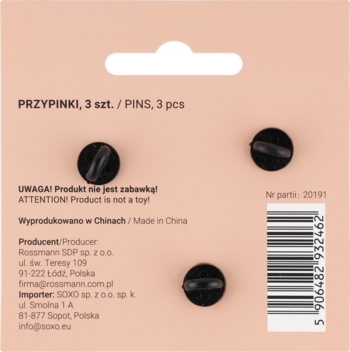 Tył różowego opakowania zestawu Eloy z 3 czarnymi pinami. Widoczne ostrzeżenie "nie zabawka", dane producenta i kod.