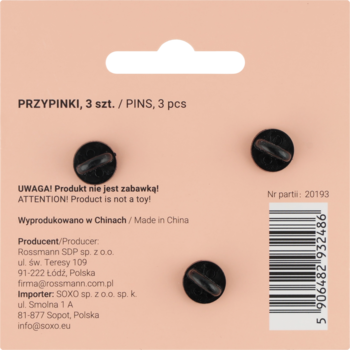 Eloy zestaw pinów 3 szt. wzór 3, tył różowego opakowania z czarnymi zapięciami i etykietami.