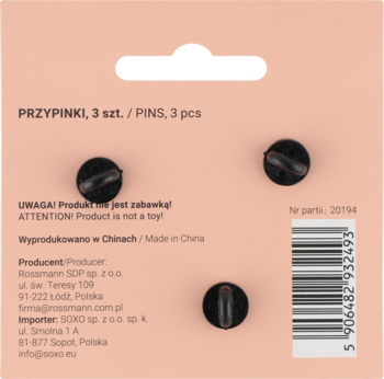 Tył opakowania z trzema czarnymi pinami Eloy. Kartonowy blister w kolorze brzoskwiniowym z ostrzeżeniami.