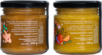 Tyły 2 świątecznych miodów: piernikowego i pomarańczowo-goździkowego, etykiety z danymi i masą netto 240g.