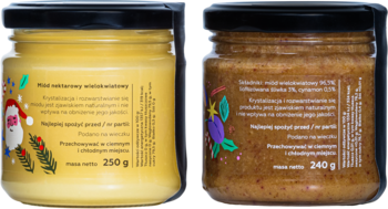 Tyły opakowań dwóch słoików miodu: wielokwiatowego (250g, żółty, ze św. Mikołajem) i śliwkowo-cynamonowego (240g, brązowy).