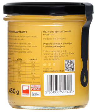 Tył słoika 450g kremowego miodu rzepakowego z etykietą, wartościami odżywczymi, kodem i napisem 'Produkt Polski'.