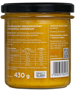 Tył słoika miodu Pasieki Sadowskich z pomarańczą i goździkami, widoczna etykieta ze składem i kodem kreskowym, 430g.
