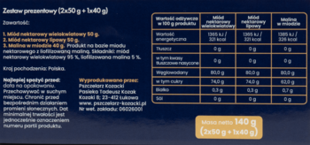 Tył opakowania zestawu prezentowego, widoczna tabela wartości odżywczych, lista składników oraz masa netto 560g.