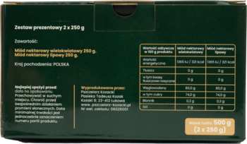 Tył ciemnozielonego pudełka zestawu prezentowego, widoczna tabela wartości odżywczych i skład miodów.