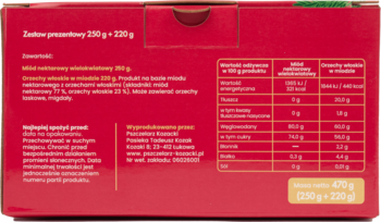 Tył czerwonego, prostokątnego opakowania zestawu prezentowego 470g, z polskimi informacjami odżywczymi i składem.