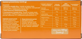 Pomarańczowy zestaw prezentowy, tył opakowania z polskim tekstem o wartościach odżywczych, masie 120 g.